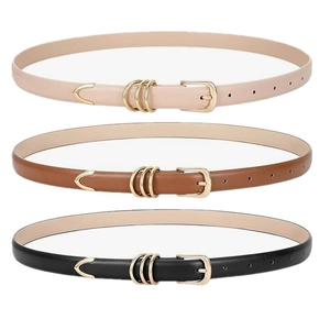 Set di tre cinture sottili in pelle rosa, marrone e nera con fibbie in metallo dorato