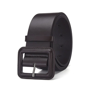 Close-up of wide dark brown leather belt featuring a square leather-wrapped buckle
