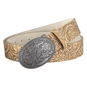 Cintura in pelle western vintage con goffratura floreale e fibbia retrò incisa