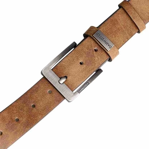 Detailed close-up of dark brown vintage belt with brushed alloy buckle and engraved logo