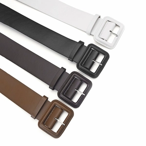 Detail view of stylish wide leather belts with large rectangular buckles in four colors