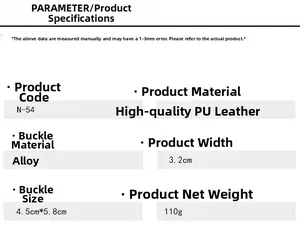 Detailed parameter chart for men's PU leather belt with alloy buckle dimensions and weight