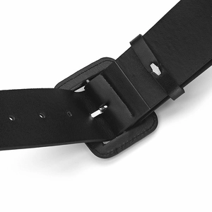 Detail of black leather waist belt with square covered buckle and silver pin closure