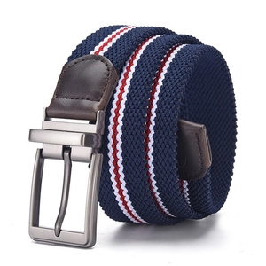 Navy blue braided stretch belt with red white stripes and matte metal buckle for golf