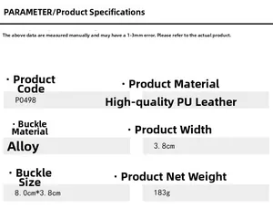 Detailed chart showing bull head belt buckle size of 8cm and 3.8cm width PU strap