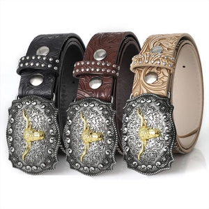 Men Retro Western Cowboy PU Belt Bull Head Alloy Buckle Embossed Floral Rivet Waist Strap For Men Vintage Ethnic Style