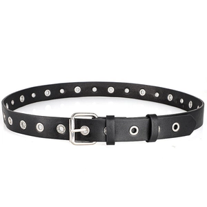 Punk style black leather belt with silver eyelet holes and square buckle for jeans