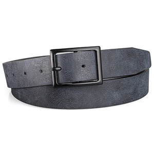 Macro detail of men's black matte metal buckle and litchi textured leather belt