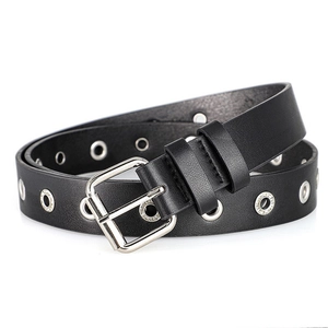 Punk style black leather belt with double rows of silver metal eyelets and square pin buckle