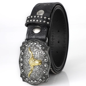 Men's western cowboy leather belt featuring vintage bull head alloy buckle and floral embossing