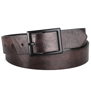 Detailed close-up of dark brown vintage men's PU leather belt with black matte pin buckle