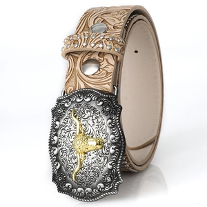 Western style beige leather belt with embossed floral pattern and golden bull head buckle