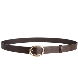 Détail d'une ceinture en cuir marron foncé avec boucle en métal doré irrégulière