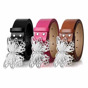 Detailed view of women's leather belts featuring vintage silver butterfly buckles in three colors