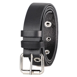 Classic black punk belt with silver metal grommets and square buckle for jeans
