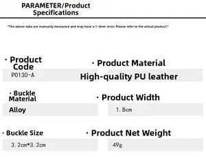 Size chart for 1.8cm wide PU leather belt showing alloy buckle dimensions and 49g weight