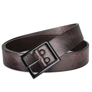 Retro dark brown leather belt for men featuring a matte black pin buckle and grainy texture