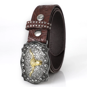 Vintage western men's brown leather belt with bull head buckle and floral embossing