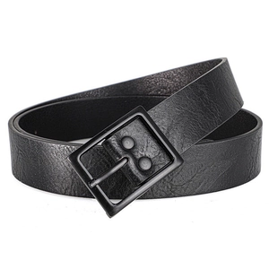 Men's vintage black PU leather belt with matte square pin buckle on white background