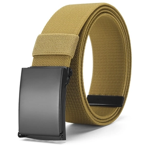 Tactical khaki stretch woven belt with matte black smooth metal buckle for men