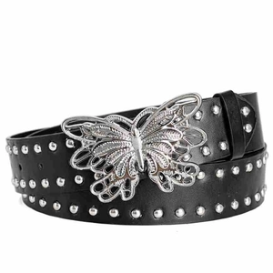 Fashionable Y2K black leather belt with silver butterfly buckle and double row metal studs