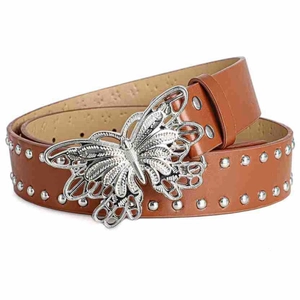 Detail of dark brown leather belt featuring silver butterfly buckle and studded rivets