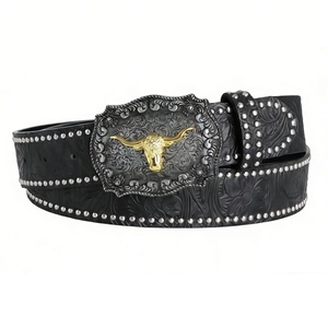 Western style black embossed leather belt with silver studs and bull head buckle