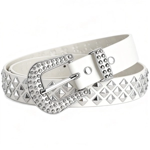 Ceinture punk Y2K blanche en cuir avec clous pyramide argentés et boucle décorative