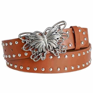 Close-up of brown leather belt featuring a silver butterfly buckle and studded details
