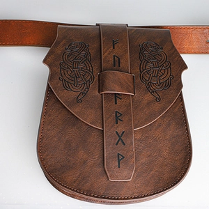 Marsupio medievale in stile vichingo con motivi celtici e rune nordiche in finta pelle marrone