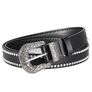 Western punk black leather belt with silver floral buckle and decorative metal rivets