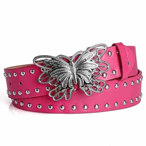 Fuchsia women belt with silver butterfly buckle and metallic studs in Y2K style