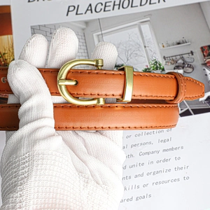 Detail of a brown leather belt featuring a golden horseshoe buckle and lychee texture