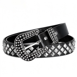 Ceinture punk Y2K en similicuir noir avec trois rangées de clous pyramide argentés