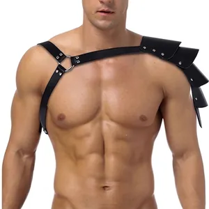 Men's punk faux leather single shoulder armor chest harness with silver rivets
