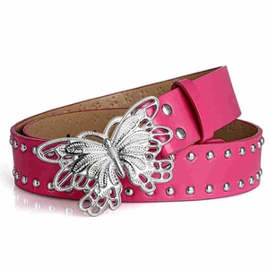 Detailed view of rose red studded leather belt featuring a large silver butterfly buckle