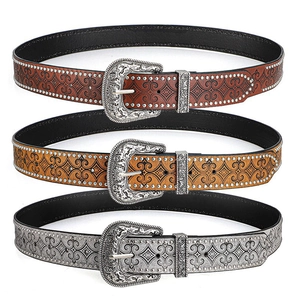 Vintage Western Cowboy Belt For Men Women PU Leather Embossed Floral Large Engraved Alloy Buckle Rivet Punk Rock Waistband