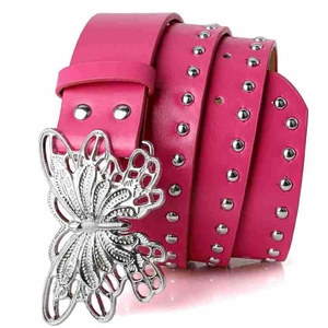 Hot pink Y2K style belt featuring a large hollow silver butterfly buckle and double row eyelets