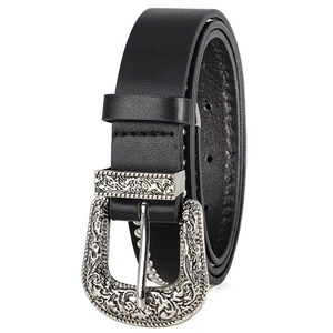 Retro punk black leather belt with ornate silver floral buckle and bohemian style