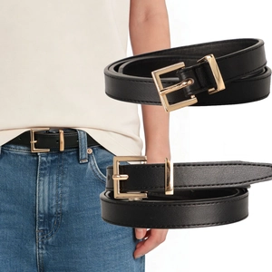 Dames Fashion Smalle PU-Leren Riem Met Gouden Vierkante Gesp Elegante Casual Decoratieve Tailleband Voor Jeans Jurken