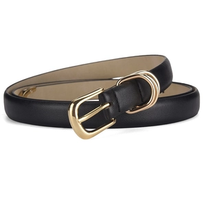 Cintura sottile in pelle nera da donna con elegante fibbia ad ardiglione in metallo dorato