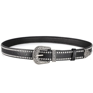 Western punk style black leather belt with silver studs and floral engraved buckle