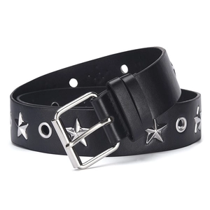 Ceinture punk en cuir noir avec clous en étoile argentés et œillets pour jeans