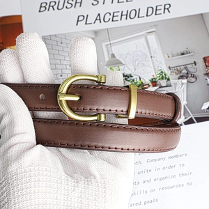 Detailed macro view of dark brown leather belt with gold horseshoe buckle and red stitching