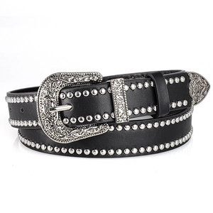 Punk Rock Western Style PU Leather Belt With Engraved Alloy Pin Buckle Silver Studded Black Waist Belt For Men Women