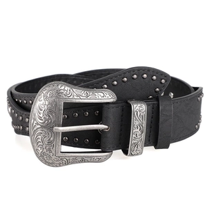 Ceinture noire vintage Y2K en cuir avec rivets argentés et boucle à motif floral
