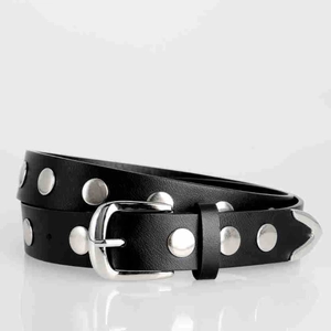 Detail of black leather belt with silver punk studs and metal-tipped end for jeans