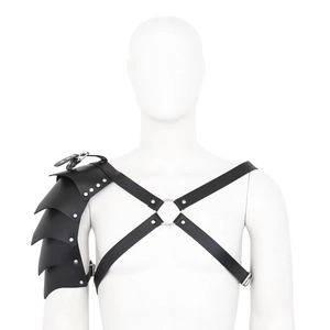 Adjustable black faux leather single shoulder armor strap with silver metal rivets decoration