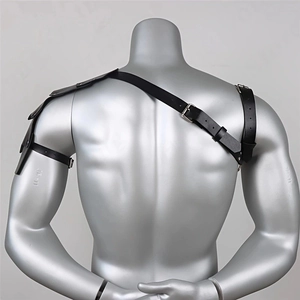Detail of adjustable black leather shoulder armor strap with buckles for cosplay