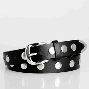 Detail view of black leather belt with silver studs and classic metal pin buckle